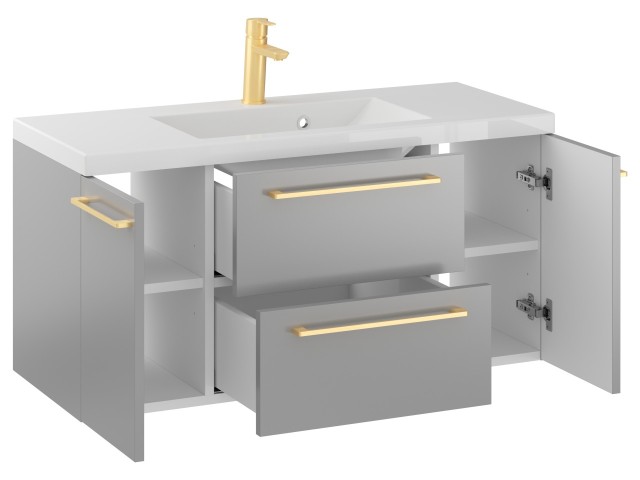 Szafka Wisząca Z Umywalką RON 100 cm D - Szary Mat - Uchwyty Złote Szczotkowane