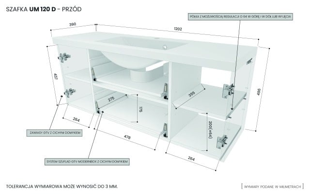 Szafka Wisząca Z Umywalką RON 120 cm D - Szary Mat - Uchwyty Złote Szczotkowane