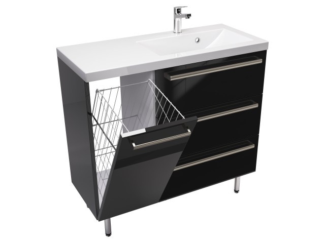 Szafka Stojąca Z Umywalką ATH 90 cm K Prawa - Czarny Wysoki Połysk - Uchwyty Stal Szczotkowana Szafka Stojąca Z Umywalką ATH 90 cm K Prawa - Czarny Wysoki Połysk - Uchwyty Stal Szczotkowana