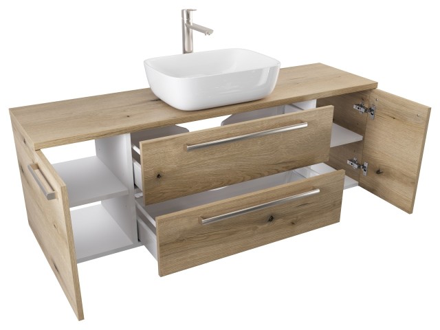 Szafka Wisząca Z Umywalką Nablatową ATHD 140 cm D - Dąb Evoke Coast Mat - Uchwyty Stal Szczotkowana