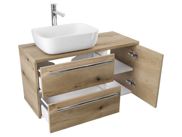 Szafka Wisząca Z Umywalką Nablatową ATHD 90 cm D Lewa - Dąb Evoke Coast Mat - Uchwyty Chromowane