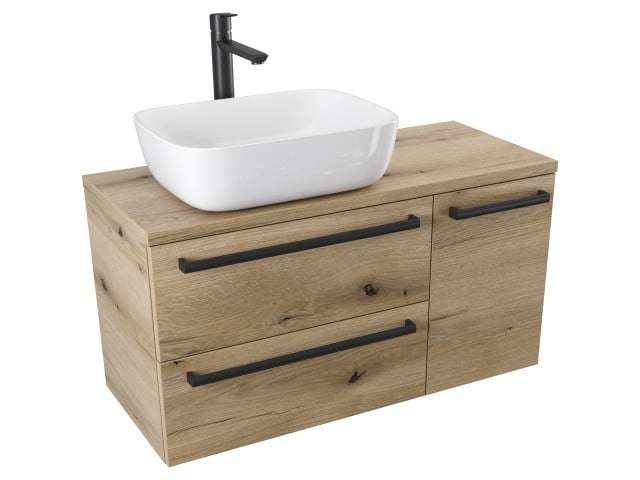 Szafka Wisząca Z Umywalką Nablatową ATHD 90 cm D Lewa - Dąb Evoke Coast Mat - Uchwyty Czarne Matowe Szafka Wisząca Z Umywalką Nablatową ATHD 90 cm D Lewa - Dąb Evoke Coast Mat - Uchwyty Czarne Matowe