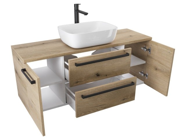 Szafka Wisząca Z Umywalką Nablatową ATHD 120 cm D - Dąb Evoke Coast Mat - Uchwyty Czarne Matowe