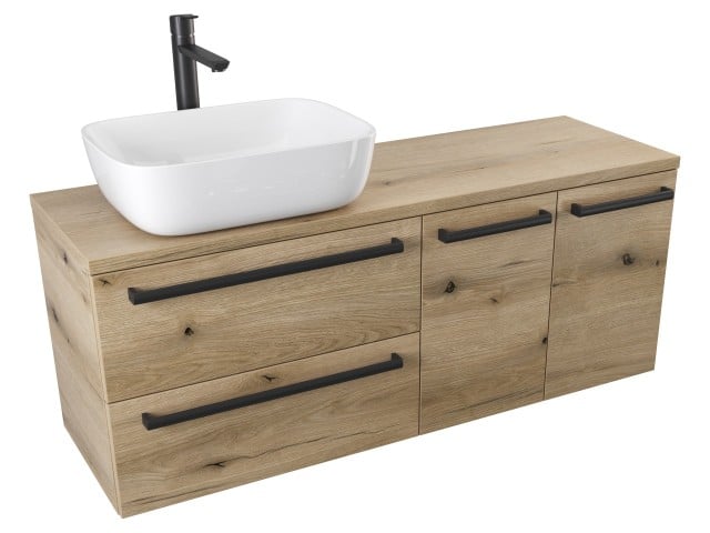 Szafka Wisząca Z Umywalką Nablatową ATHD 120 cm SD Lewa - Dąb Evoke Coast Mat - Uchwyty Czarne Matowe