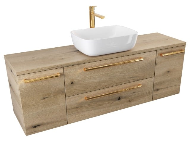 Szafka Wisząca Z Umywalką Nablatową ATHD 140 cm D - Dąb Evoke Coast Mat - Uchwyty Złote Polerowane