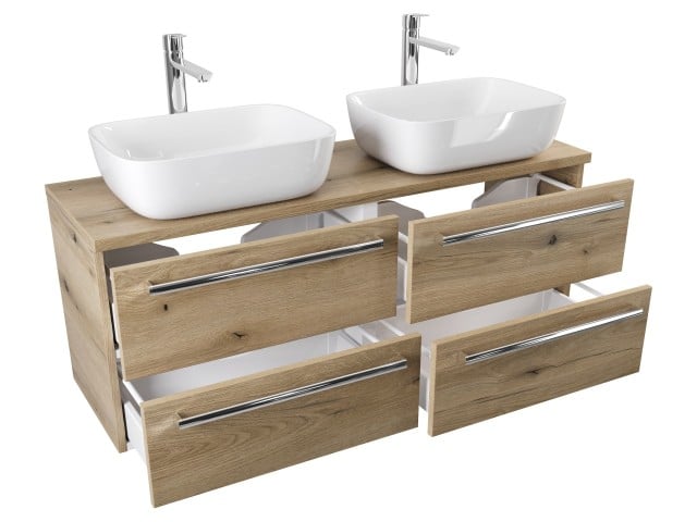 Szafka Wisząca Z Umywalką Nablatową ATHD 120 cm DUO - Dąb Evoke Coast Mat - Uchwyty Chromowane