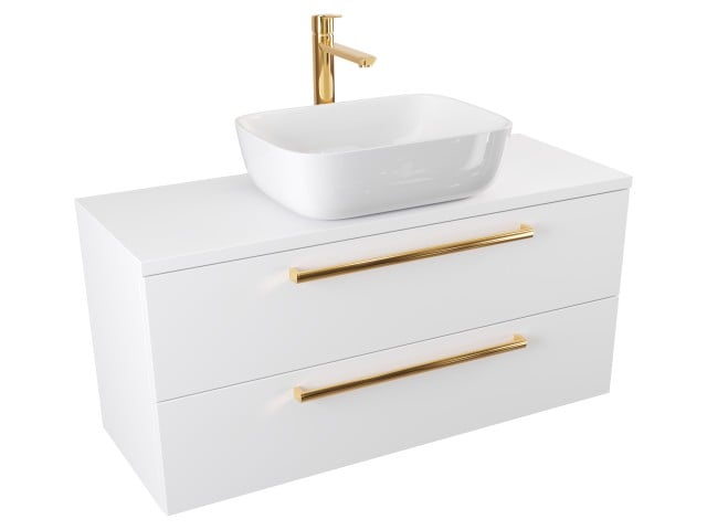 Szafka Wisząca Z Umywalką Nablatową ATH 100 cm - Biały Mat - Uchwyty Złote Polerowane Szafka Wisząca Z Umywalką Nablatową ATH 100 cm - Biały Mat - Uchwyty Złote Polerowane