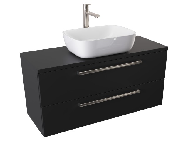 Szafka wisząca z umywalką nablatową Athos Black 100 cm, 2 szuflady - Czarny mat - Uchwyty stal szczotkowana