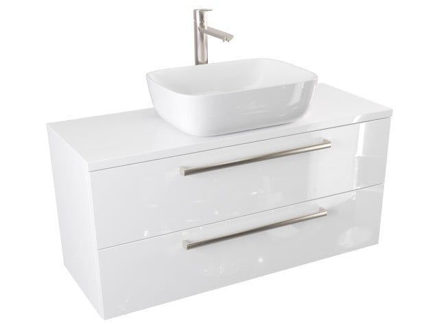 Szafka Wisząca Z Umywalką Nablatową ATH 100 cm - Biały Wysoki Połysk - Uchwyty Stal Szczotkowana