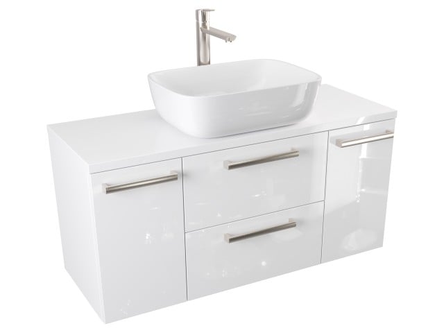 Szafka Wisząca Z Umywalką Nablatową ATH 100 cm D - Biały Wysoki Połysk - Uchwyty Stal Szczotkowana