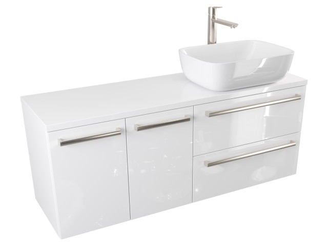 Szafka Wisząca Z Umywalką Nablatową ATH 120 cm DS Prawa - Biały Wysoki Połysk - Uchwyty Stal Szczotkowana