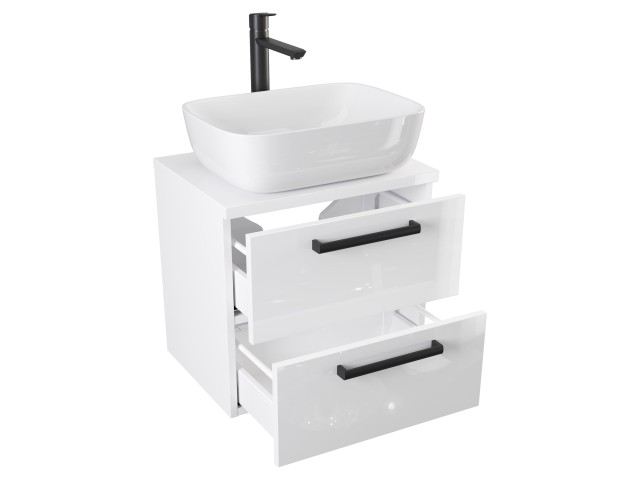 Szafka Wisząca Z Umywalką Nablatową ATH 50 cm - Biały Wysoki Połysk - Uchwyty Czarne Matowe