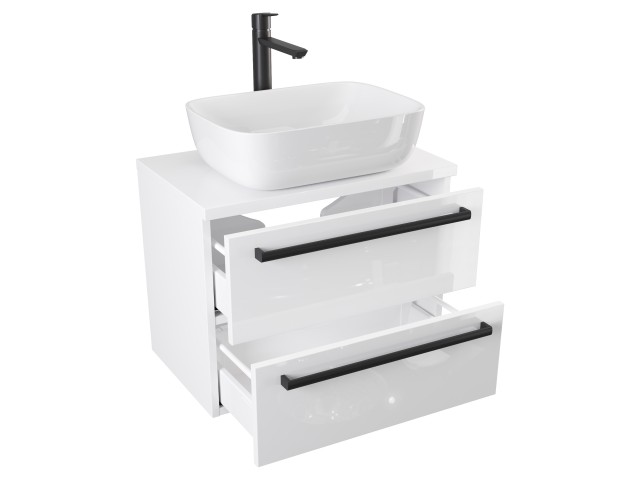 Szafka Wisząca Z Umywalką Nablatową ATH 60 cm - Biały Wysoki Połysk - Uchwyty Czarne Matowe