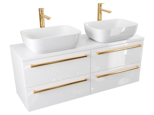 Szafka Wisząca Z Umywalką Nablatową ATH 120 cm DUO - Biały Wysoki Połysk - Uchwyty Złote Polerowane