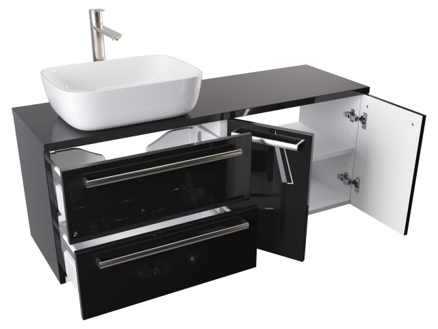 Szafka Wisząca Z Umywalką Nablatową ATH 120 cm SD Lewa - Czarny Wysoki Połysk - Uchwyty Stal Szczotkowana