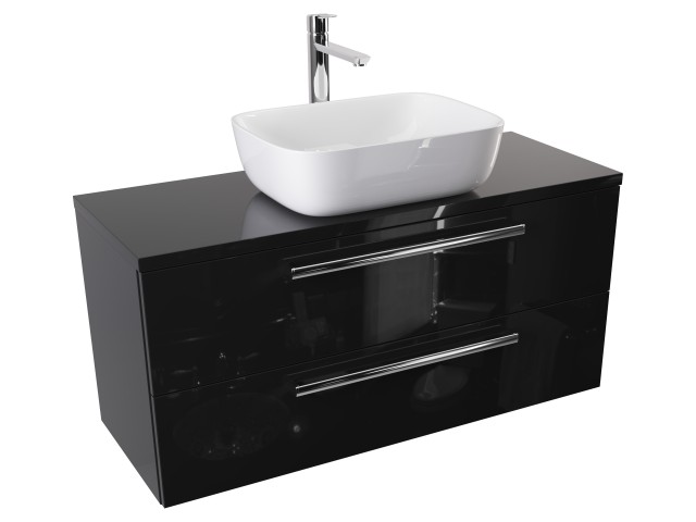 Szafka wisząca z umywalką nablatową Athos Black 100 cm, 2 szuflady - Czarny wysoki połysk - Uchwyty chromowane