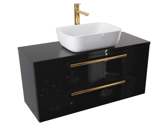Szafka Wisząca Z Umywalką Nablatową ATH 100 cm - Czarny Wysoki Połysk - Uchwyty Złote Polerowane Szafka Wisząca Z Umywalką Nablatową ATH 100 cm - Czarny Wysoki Połysk - Uchwyty Złote Polerowane
