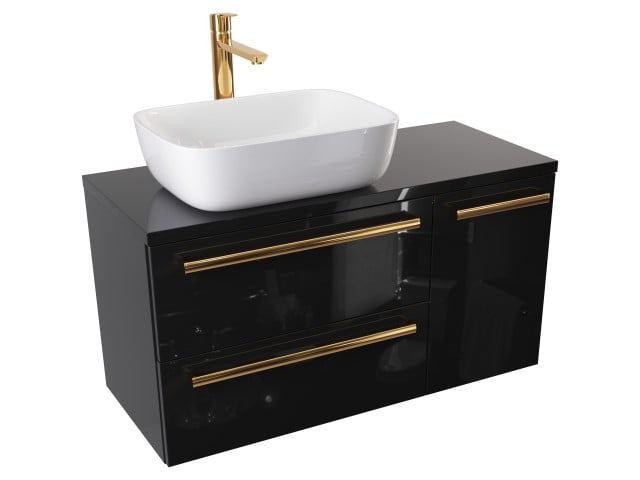 Szafka Wisząca Z Umywalką Nablatową ATH 90 cm D Lewa - Czarny Wysoki Połysk - Uchwyty Złote Polerowane