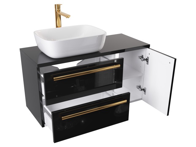 Szafka Wisząca Z Umywalką Nablatową ATH 90 cm D Lewa - Czarny Wysoki Połysk - Uchwyty Złote Polerowane