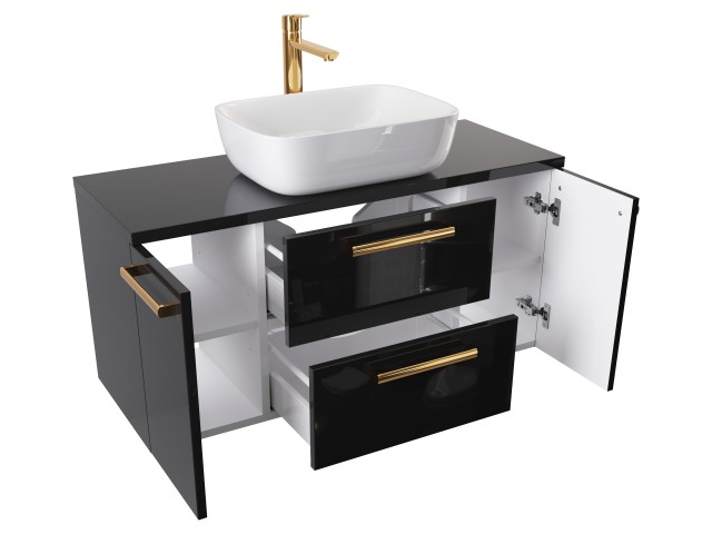 Szafka Wisząca Z Umywalką Nablatową ATH 100 cm D - Czarny Wysoki Połysk - Uchwyty Złote Polerowane