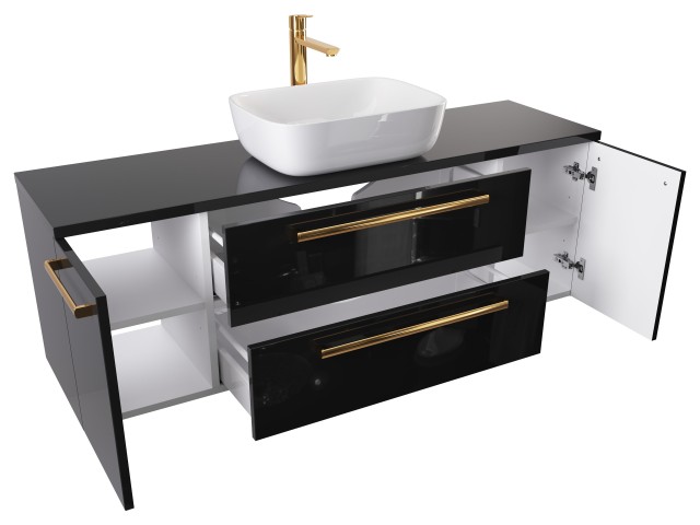 Szafka Wisząca Z Umywalką Nablatową ATH 140 cm D - Czarny Wysoki Połysk - Uchwyty Złote Polerowane
