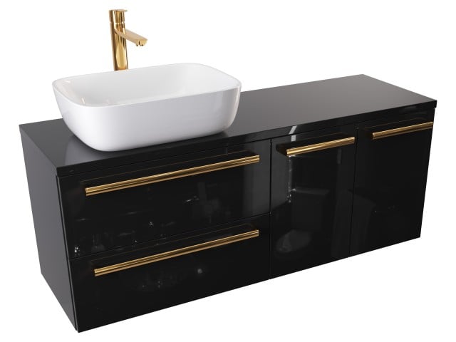 Szafka Wisząca Z Umywalką Nablatową ATH 120 cm SD Lewa - Czarny Wysoki Połysk - Uchwyty Złote Polerowane