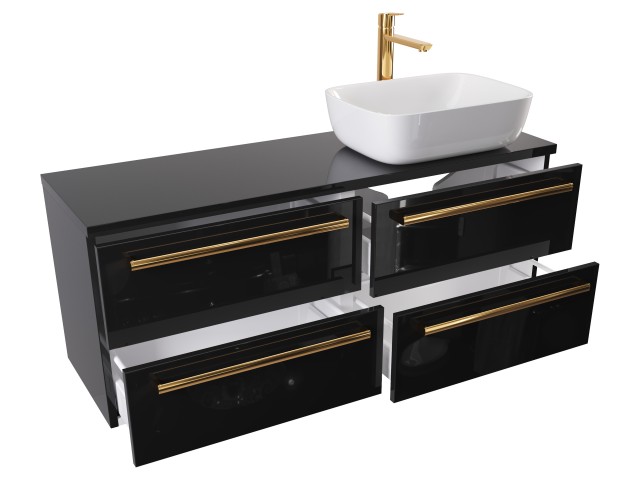 Szafka Wisząca Z Umywalką Nablatową ATH 120 cm S Prawa - Czarny Wysoki Połysk - Uchwyty Złote Polerowane