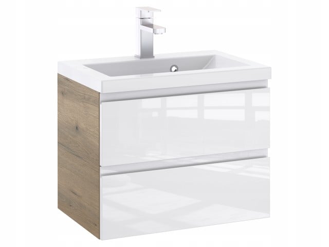 Szafka Łazienkowa z Umywalką NOV 60 cm - Boki Dąb Evoke, Biały Lakier Połysk, Uchwyty Frezowane Szafka Łazienkowa z Umywalką NOV 60 cm - Boki Dąb Evoke, Biały Lakier Połysk, Uchwyty Frezowane