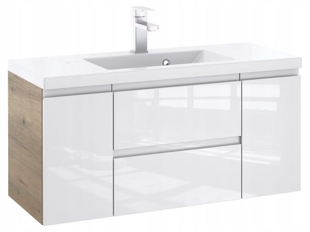 Szafka Łazienkowa z Umywalką NOV 100 cm D - Boki Dąb Evoke, Biały Lakier Połysk, Uchwyty Frezowane Szafka Łazienkowa z Umywalką NOV 100 cm D - Boki Dąb Evoke, Biały Lakier Połysk, Uchwyty Frezowane