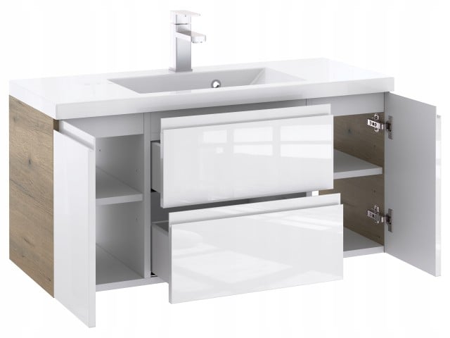 Szafka Łazienkowa z Umywalką NOV 100 cm D - Boki Dąb Evoke, Biały Lakier Połysk, Uchwyty Frezowane