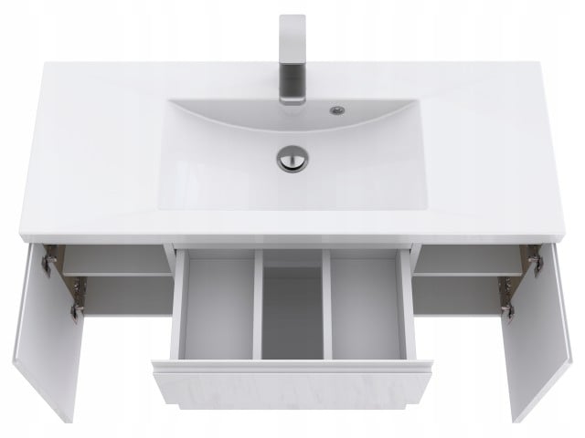 Szafka Łazienkowa z Umywalką NOV 100 cm D - Boki Dąb Evoke, Biały Lakier Połysk, Uchwyty Frezowane