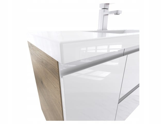 Szafka Łazienkowa z Umywalką NOV 100 cm D - Boki Dąb Evoke, Biały Lakier Połysk, Uchwyty Frezowane