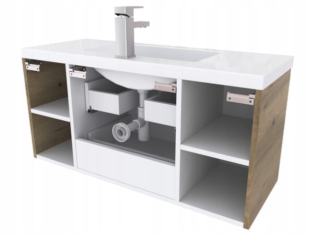 Szafka Łazienkowa z Umywalką NOV 100 cm D - Boki Dąb Evoke, Biały Lakier Połysk, Uchwyty Frezowane