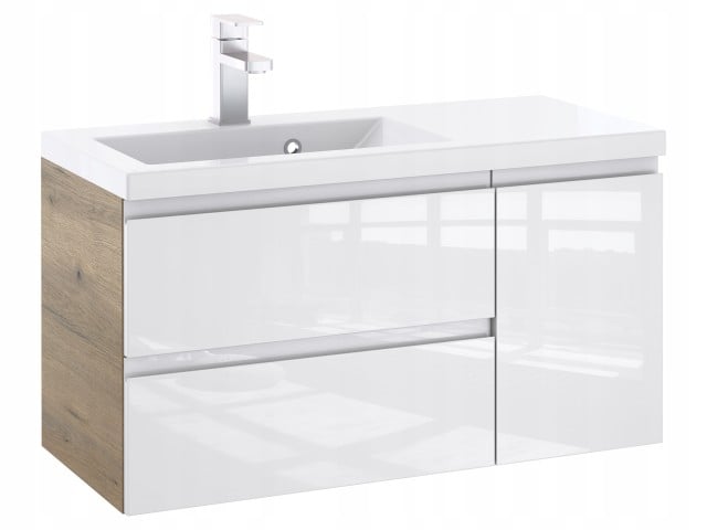 Szafka Łazienkowa z Umywalką NOV 90 cm L - Boki Dąb Evoke, Biały Lakier Połysk, Uchwyty Frezowane Szafka Łazienkowa z Umywalką NOV 90 cm L - Boki Dąb Evoke, Biały Lakier Połysk, Uchwyty Frezowane
