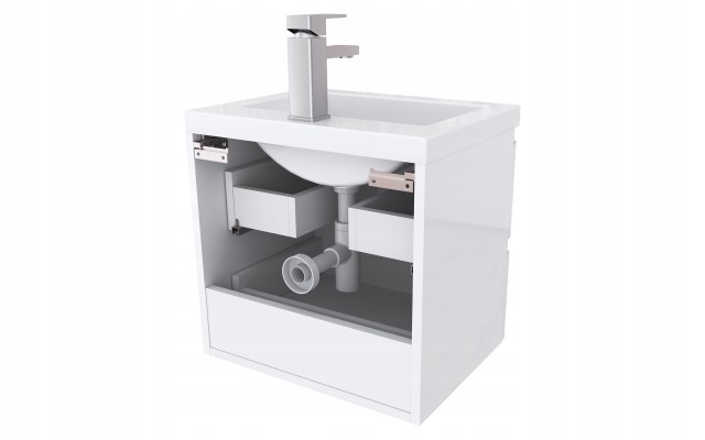 Szafka Łazienkowa z Umywalką NOV 60 cm D - Biały Lakier Połysk, Uchwyty Frezowane