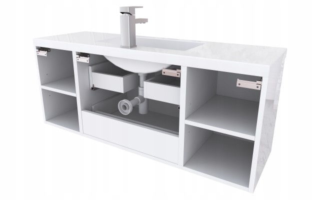 Szafka Łazienkowa z Umywalką NOV 120 cm D - Biały Lakier Połysk, Uchwyty Frezowane