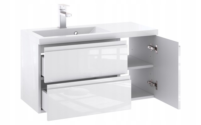Szafka Łazienkowa z Umywalką NOV 90 cm D L - Biały Lakier Połysk, Uchwyty Frezowane