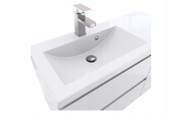 Szafka Łazienkowa z Umywalką NOV 90 cm D L - Biały Lakier Połysk, Uchwyty Frezowane