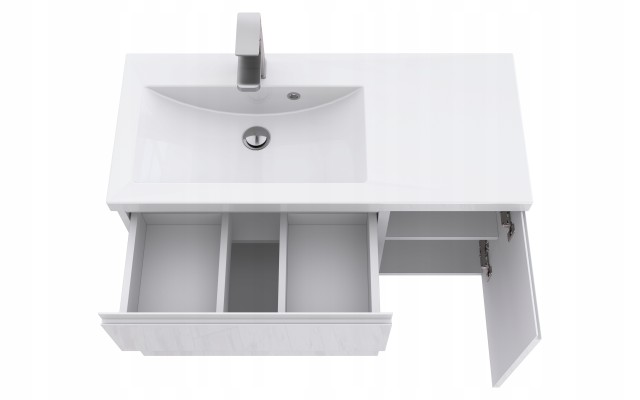 Szafka Łazienkowa z Umywalką NOV 90 cm D L - Biały Lakier Połysk, Uchwyty Frezowane