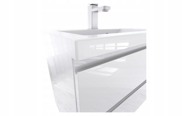Szafka Łazienkowa z Umywalką NOV 90 cm D L - Biały Lakier Połysk, Uchwyty Frezowane