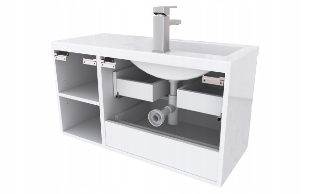 Szafka Łazienkowa z Umywalką NOV 90 cm D L - Biały Lakier Połysk, Uchwyty Frezowane