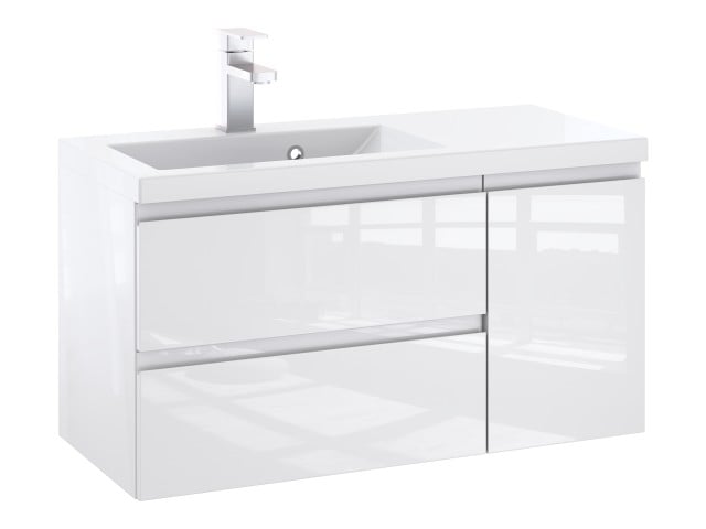 Szafka Łazienkowa z Umywalką NOV 90 cm D L - Biały Lakier Połysk, Uchwyty Frezowane