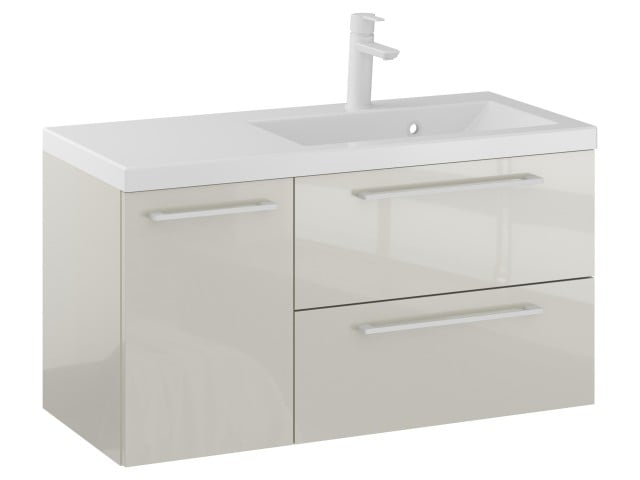 Szafka Wisząca Z Umywalką RON 90 cm D Prawa - Kaszmir Wysoki Połysk - Uchwyty Białe Matowe