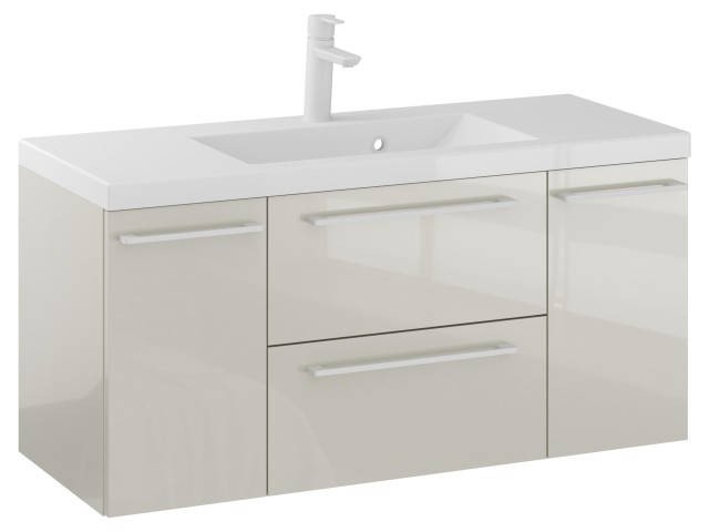 Szafka Wisząca Z Umywalką RON 100 cm D - Kaszmir Wysoki Połysk - Uchwyty Białe Matowe