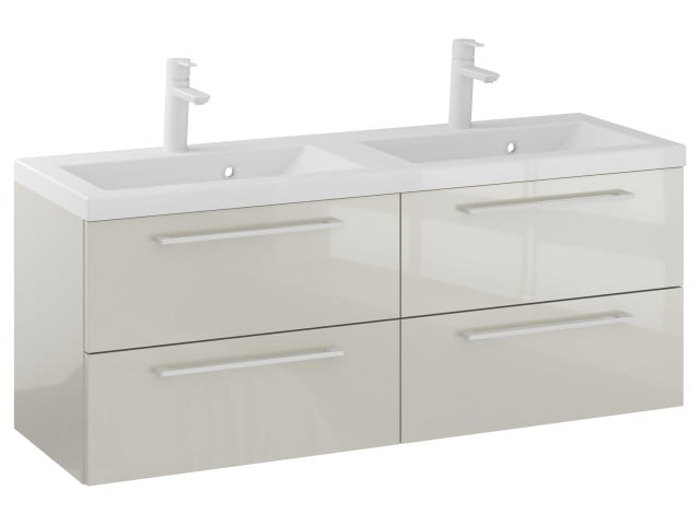 Szafka Wisząca Z Umywalką RON 120 cm DUO - Kaszmir Wysoki Połysk - Uchwyty Białe Matowe