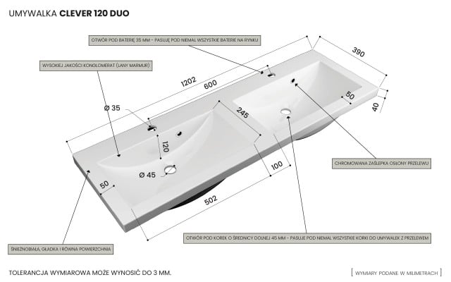 Szafka Wisząca Z Umywalką RON 120 cm DUO - Kaszmir Wysoki Połysk - Uchwyty Białe Matowe
