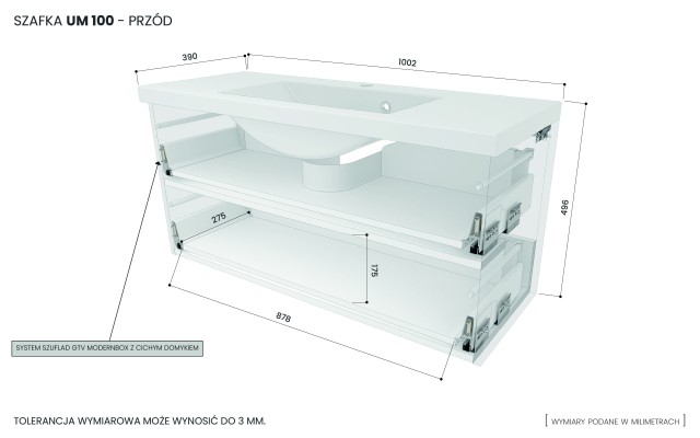 Szafka Wisząca Z Umywalką RON 100 cm - Kaszmir Wysoki Połysk - Uchwyty Chromowane