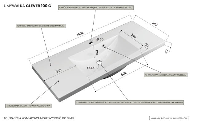 Szafka Wisząca Z Umywalką RON 100 cm - Kaszmir Wysoki Połysk - Uchwyty Chromowane