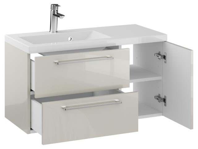 Szafka Wisząca Z Umywalką RON 90 cm D Lewa - Kaszmir Wysoki Połysk - Uchwyty Chromowane