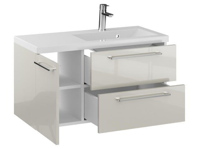 Szafka Wisząca Z Umywalką RON 90 cm D Prawa - Kaszmir Wysoki Połysk - Uchwyty Chromowane